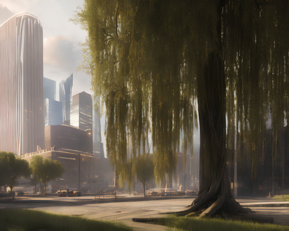 Cityscape at Dawn: Sunlight, Skyscrapers, Willow Trees