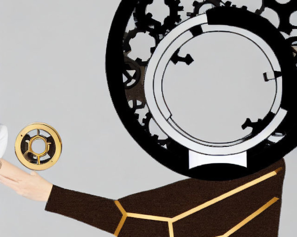 Person in Brown Outfit Reaching for Floating Mechanical Gear