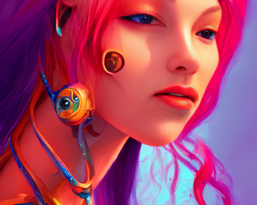 Colorful digital portrait of a woman with pink hair and red eyes