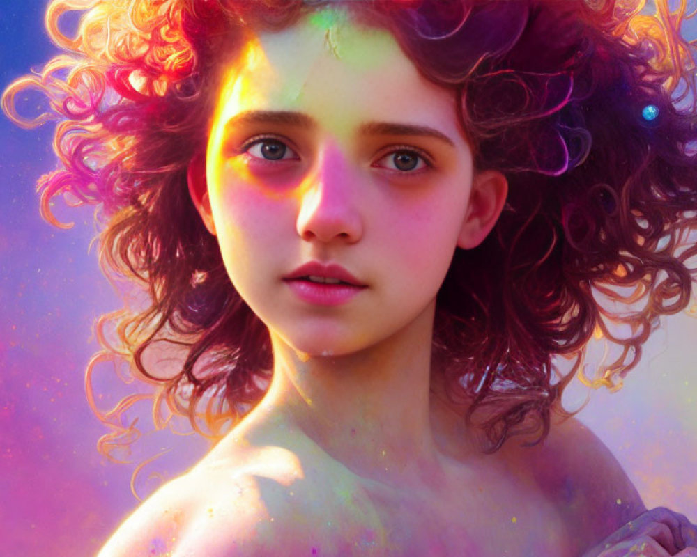 Young girl with curly hair in ethereal lighting against colorful nebula background