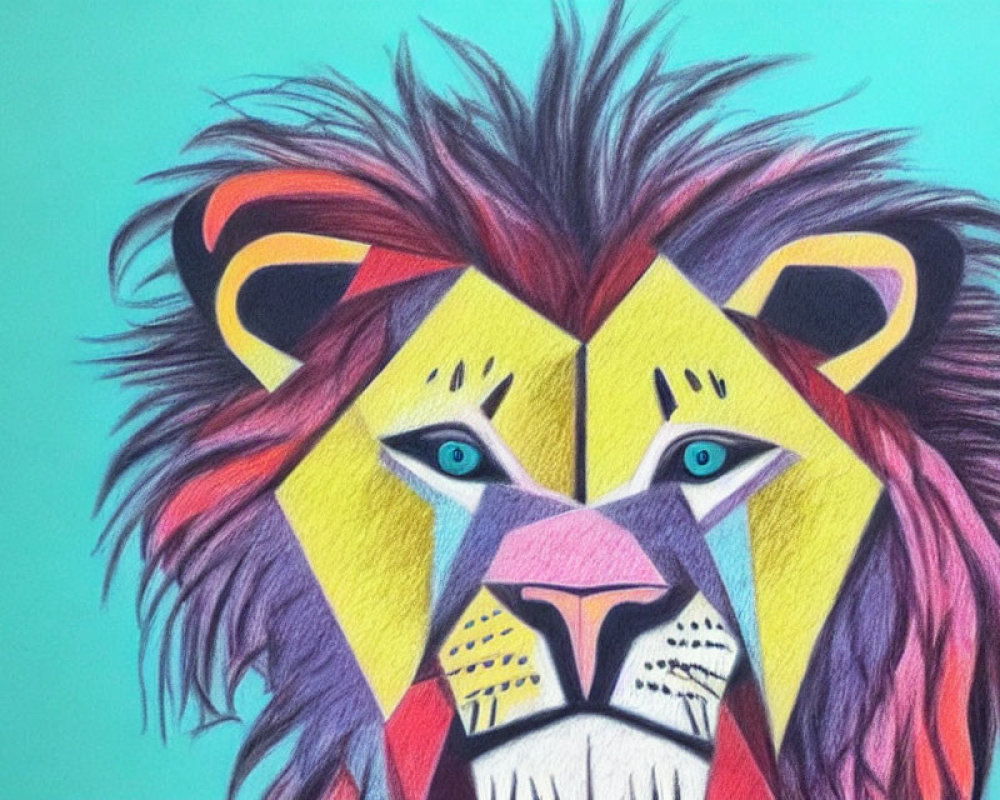 Vibrant lion illustration with geometric patterns in blue, yellow, and pink