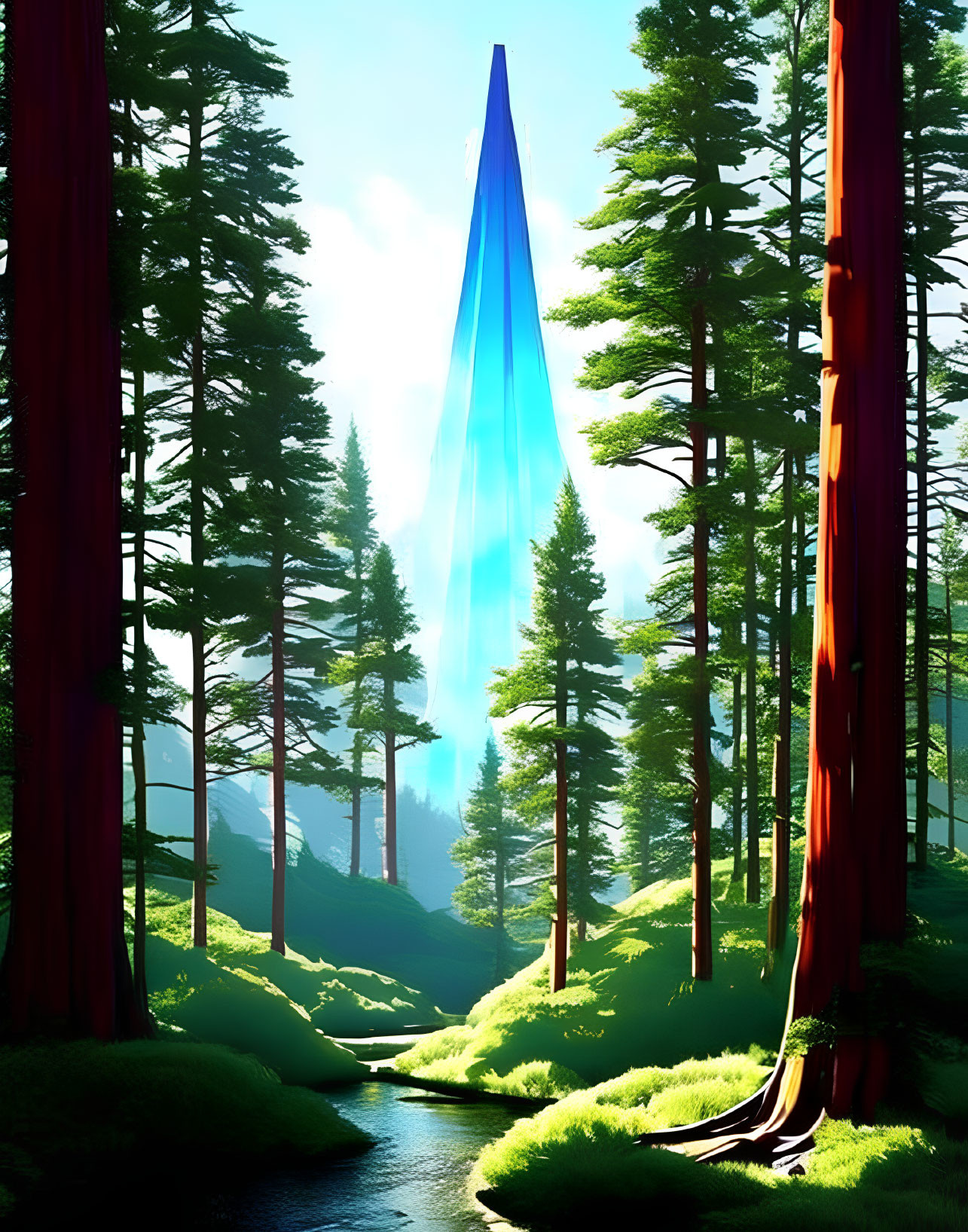 Tranquil forest landscape with redwoods, stream, and glowing blue crystal structure