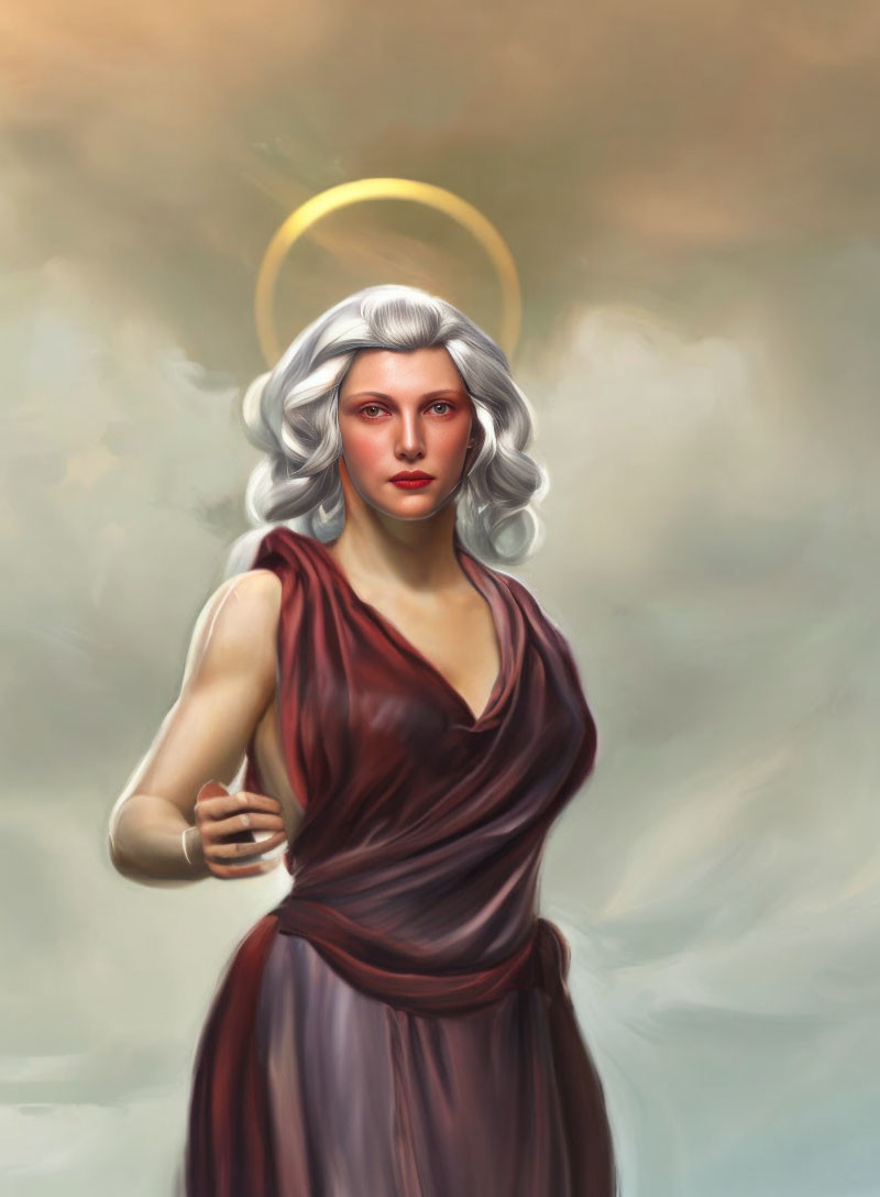 Illustration of woman with white hair and halo in maroon gown against cloudy backdrop