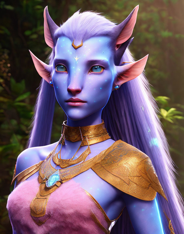 Blue-skinned fantasy elf in golden armor with glowing facial markings in forest setting