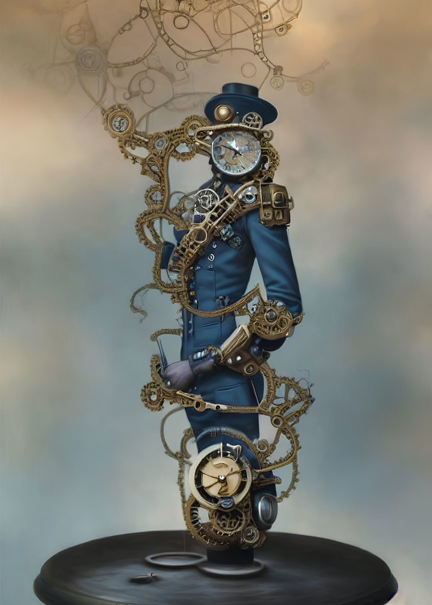 Steampunk-style digital artwork of figure with gear body and blue uniform