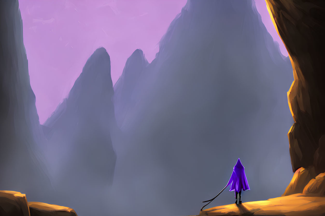 Cloaked figure on rocky ledge gazes at misty chasm and purple mountains