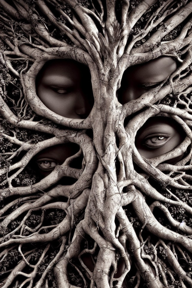 Monochrome surreal art: human eyes merged with tree roots