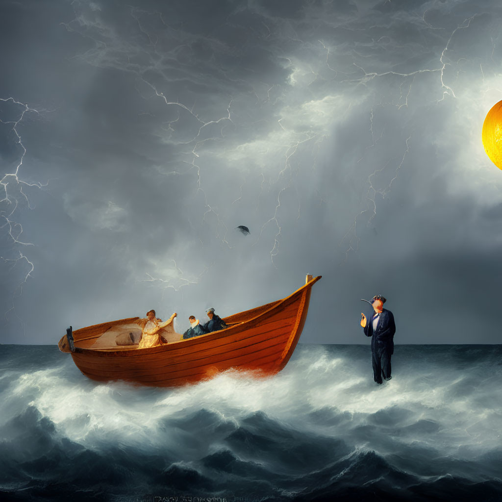 Surreal scene: four people in boat on stormy seas with lightning, man in suit under