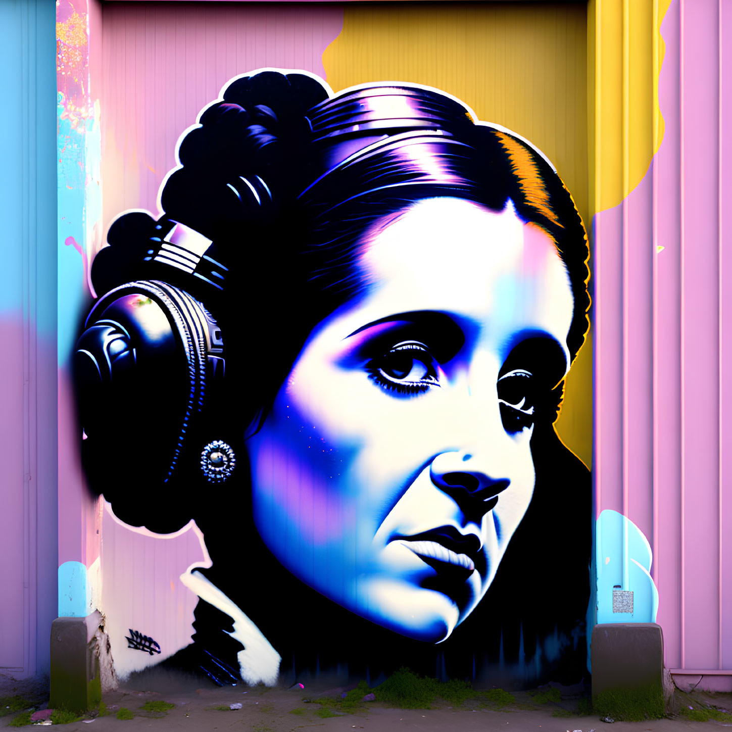 Vibrant mural featuring woman with unique hair buns in blue and purple tones