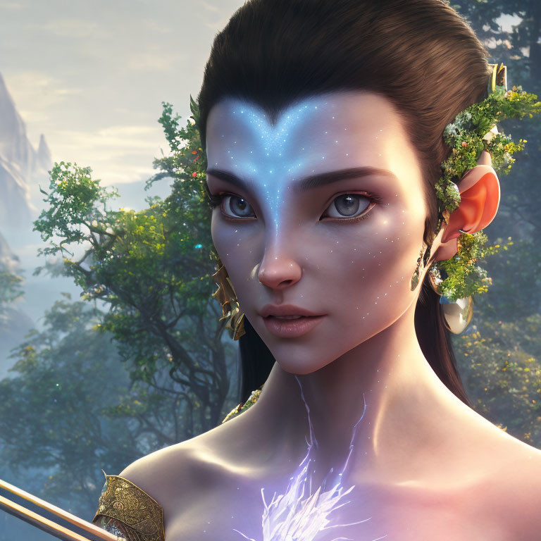 Female elf portrait with blue constellation markings, leaf-adorned ears, and forest backdrop