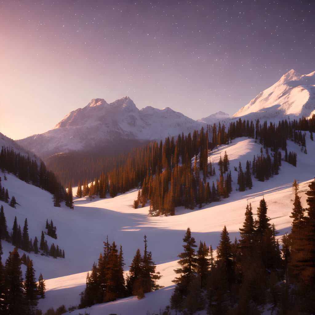 Snow-covered mountain and forest under starry sky at twilight