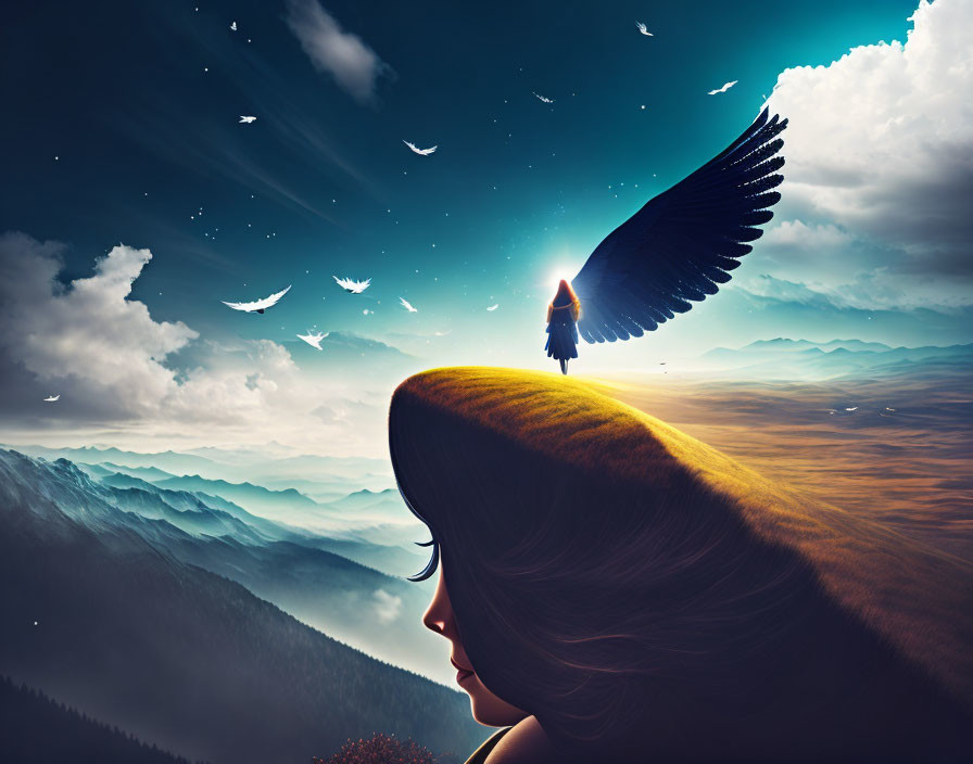 Surreal silhouette landscape with eagle flying from woman's head