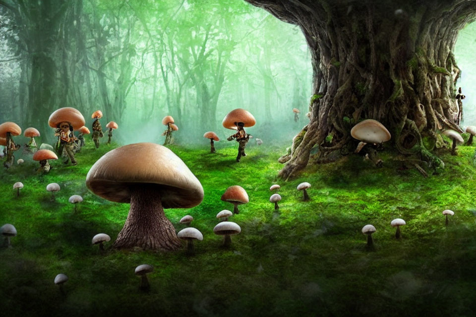 Mystical enchanted forest with diverse mushrooms on mossy ground