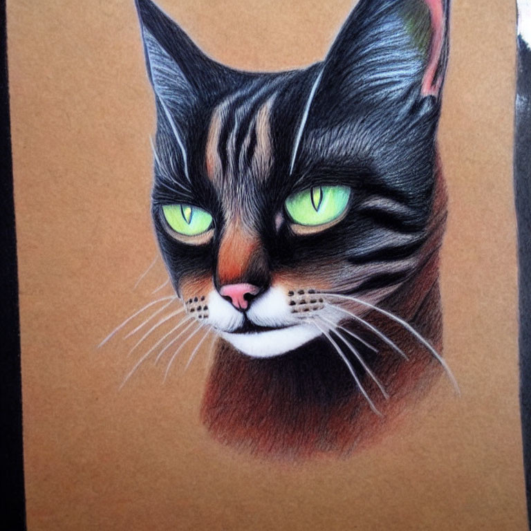 Detailed Drawing of Cat with Green Eyes and Striped Fur on Tan Background