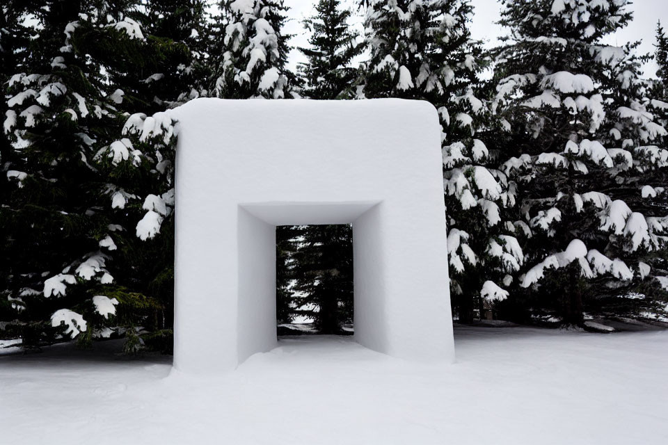 Snowy doorway structure in wintry forest with snow-laden trees