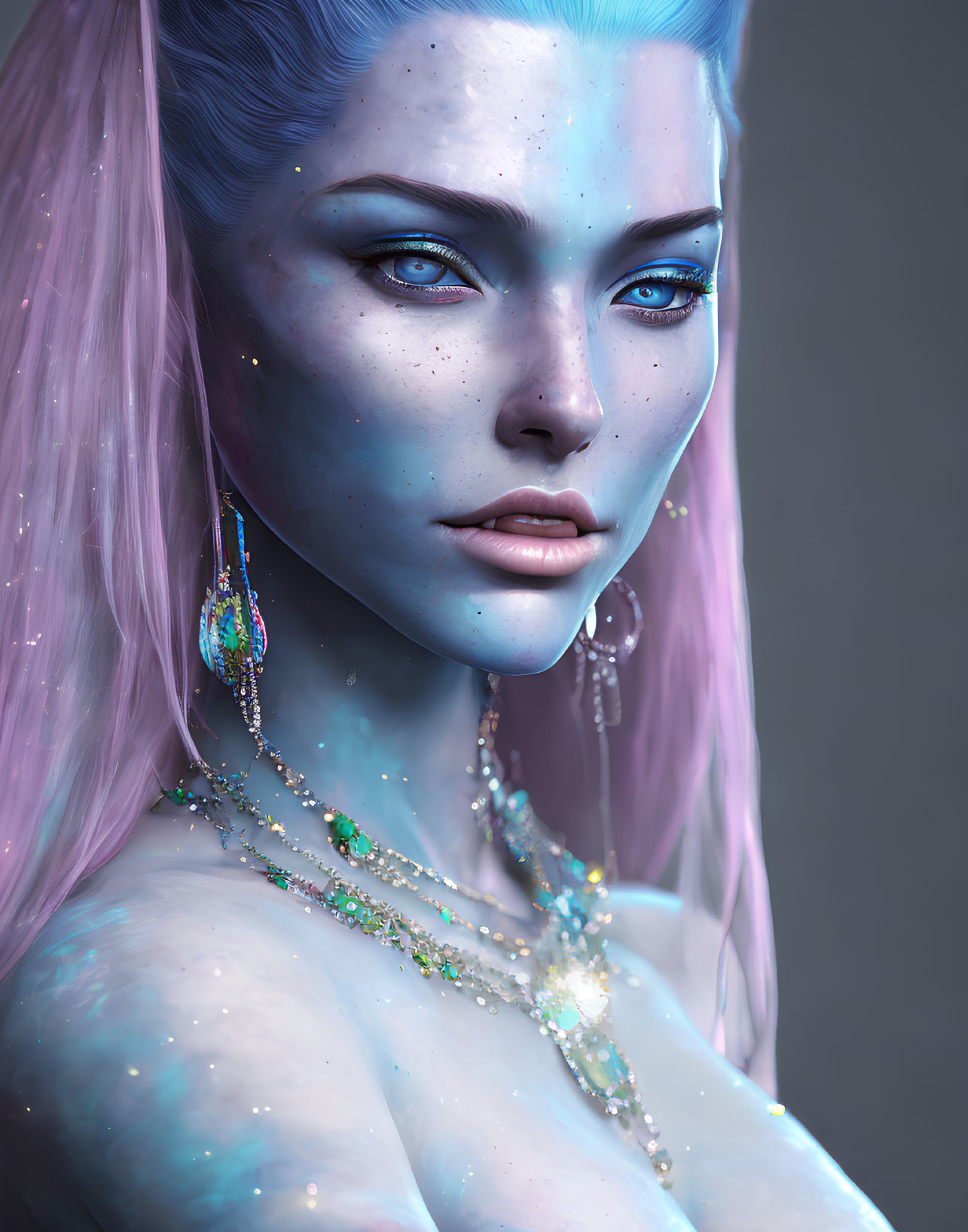 Blue-skinned female figure with pink hair and iridescent jewelry.