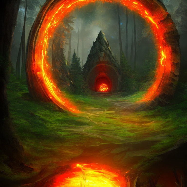 Mystical fiery portal in dense forest leads to ominous glowing cave