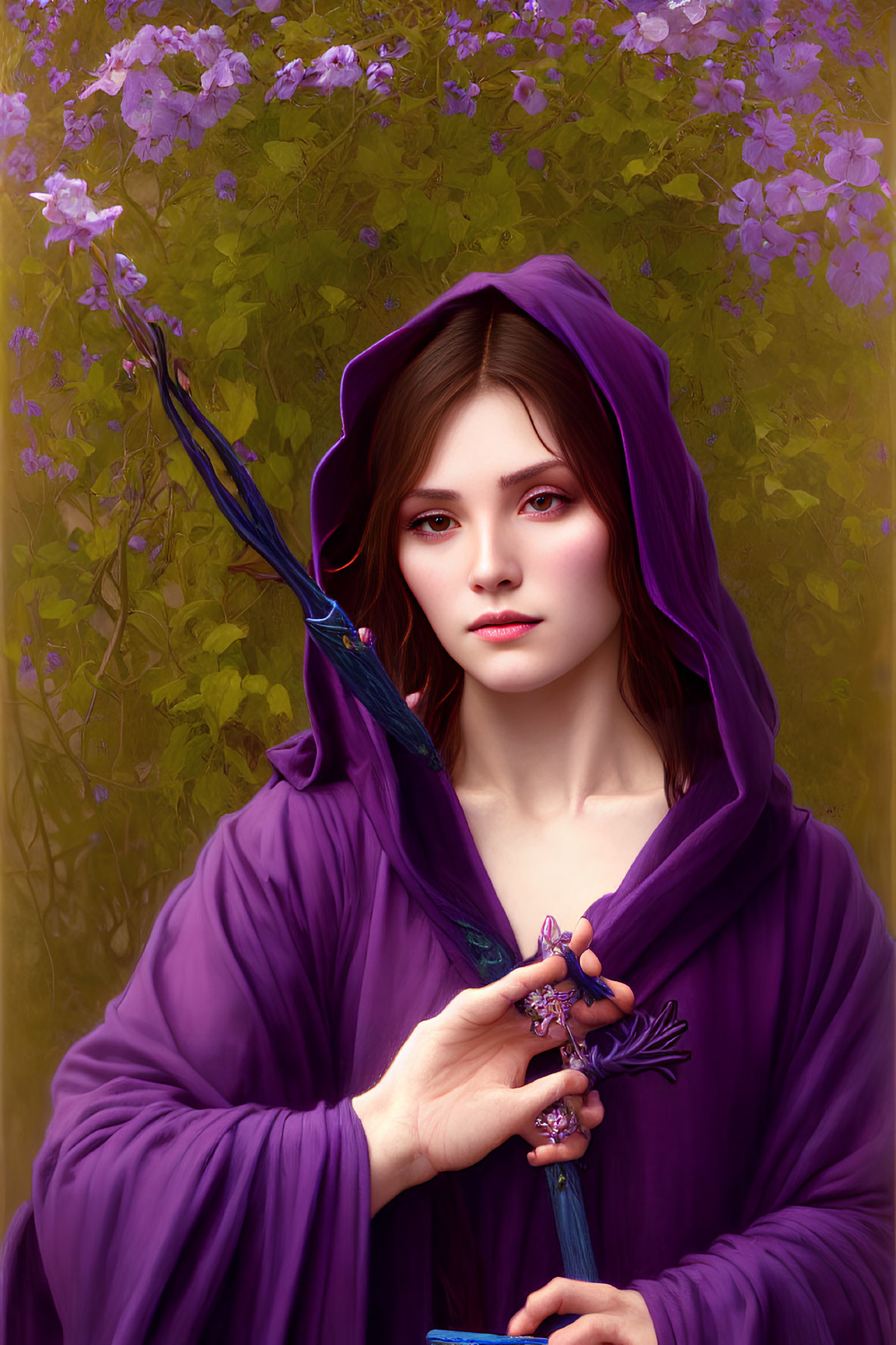 Woman in Purple Cloak Holding Staff Surrounded by Greenery and Flowers