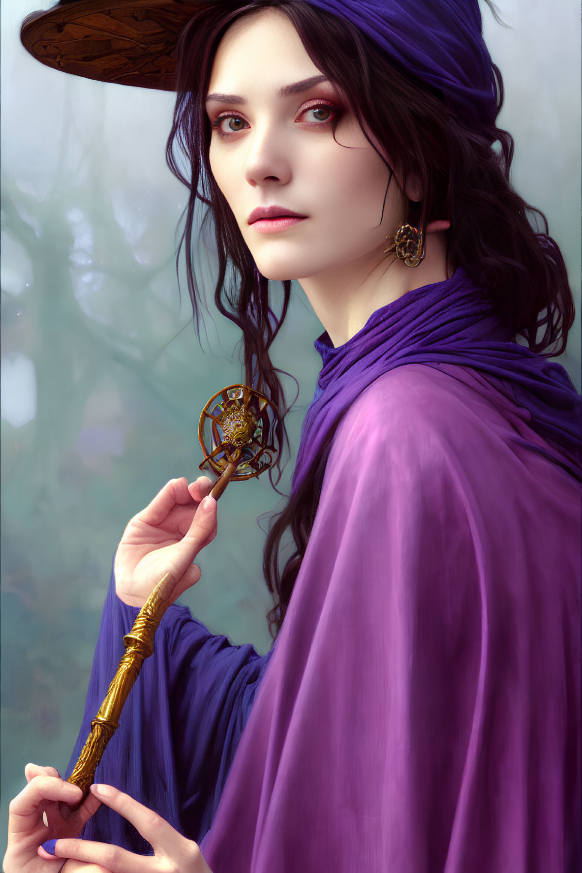 Digital artwork: Woman with dark hair and purple headscarf holding golden key in misty forest