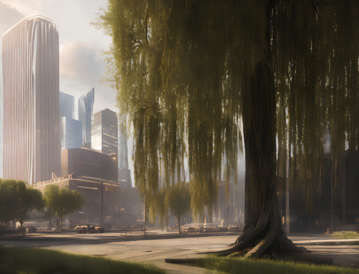 Cityscape at Dawn: Sunlight, Skyscrapers, Willow Trees