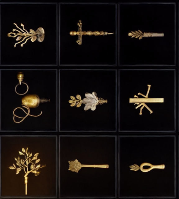 Nine ornate vintage keys on black background.