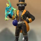 Cat in top hat and jacket with blue orb and lightning, mountains background