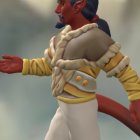 Fantasy character with horns and pointed ears in beige jacket and white pants