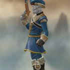 Steampunk-style digital artwork of figure with gear body and blue uniform