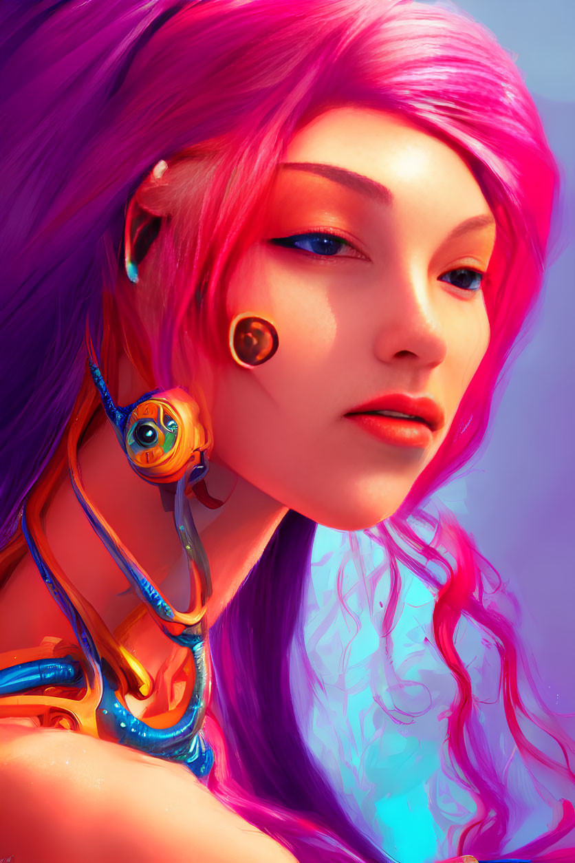 Colorful digital portrait of a woman with pink hair and red eyes