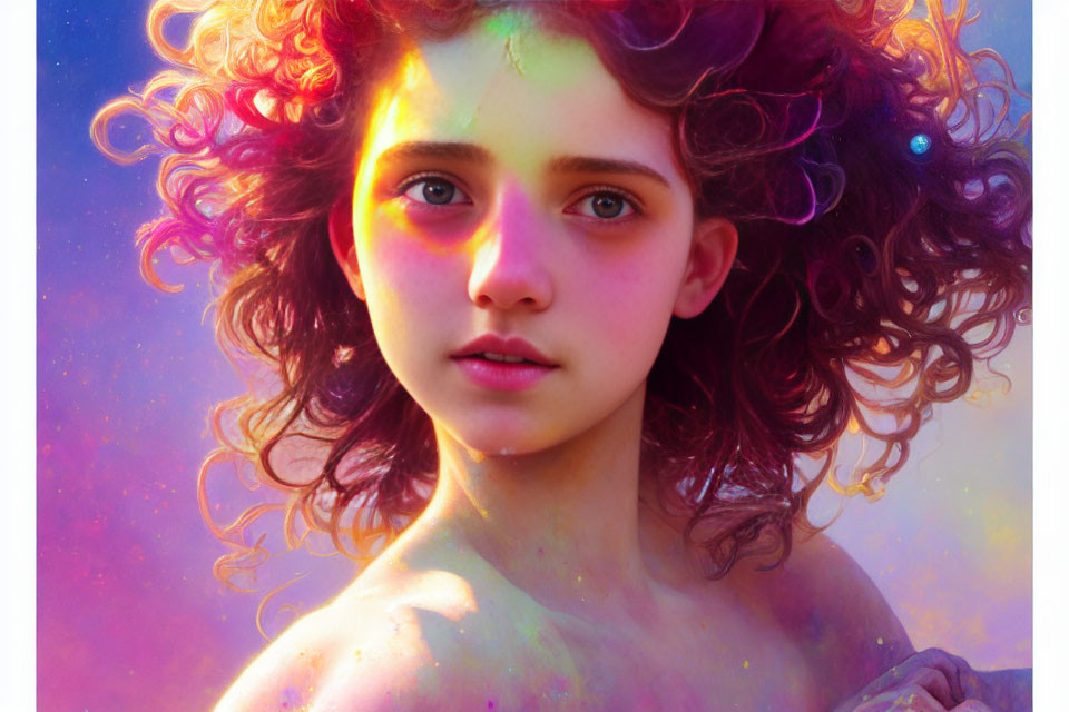 Young girl with curly hair in ethereal lighting against colorful nebula background