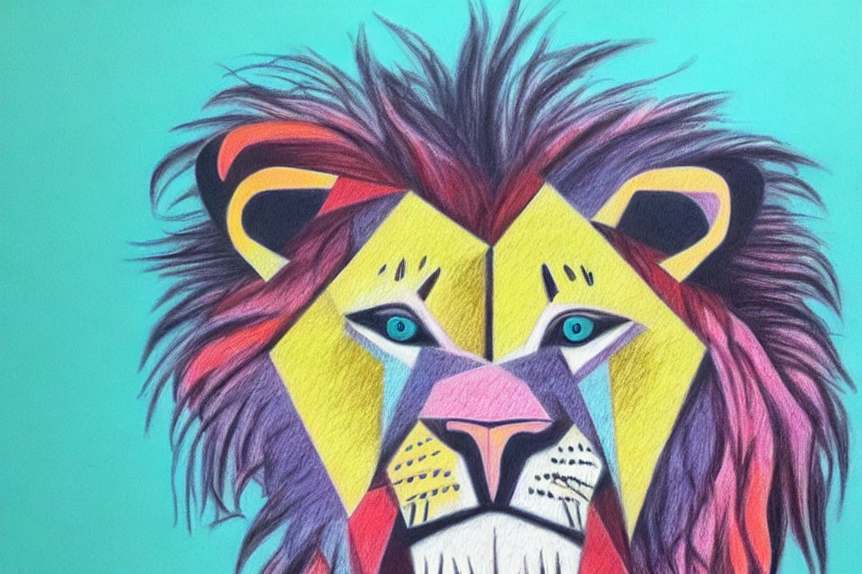 Vibrant lion illustration with geometric patterns in blue, yellow, and pink