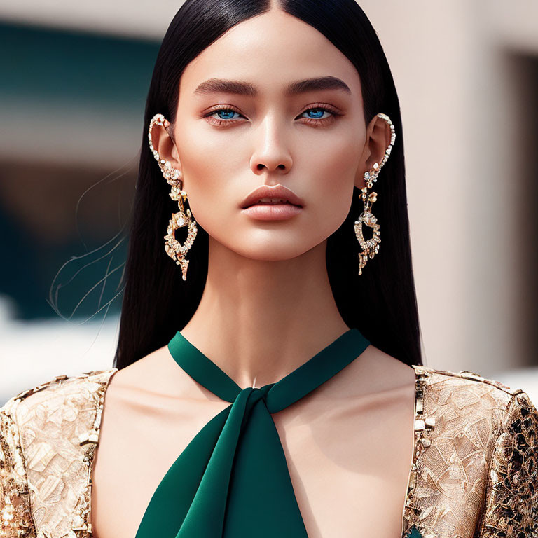 Portrait of a Woman with Striking Blue Eyes and Black Hair in Green Top