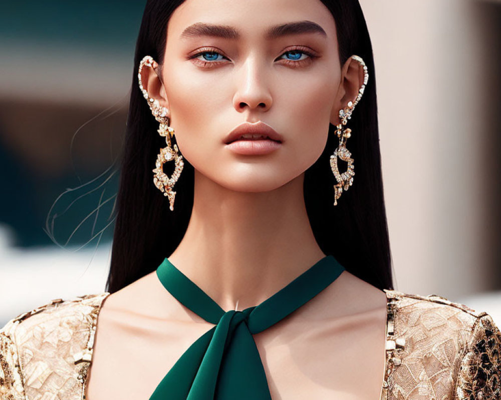 Portrait of a Woman with Striking Blue Eyes and Black Hair in Green Top