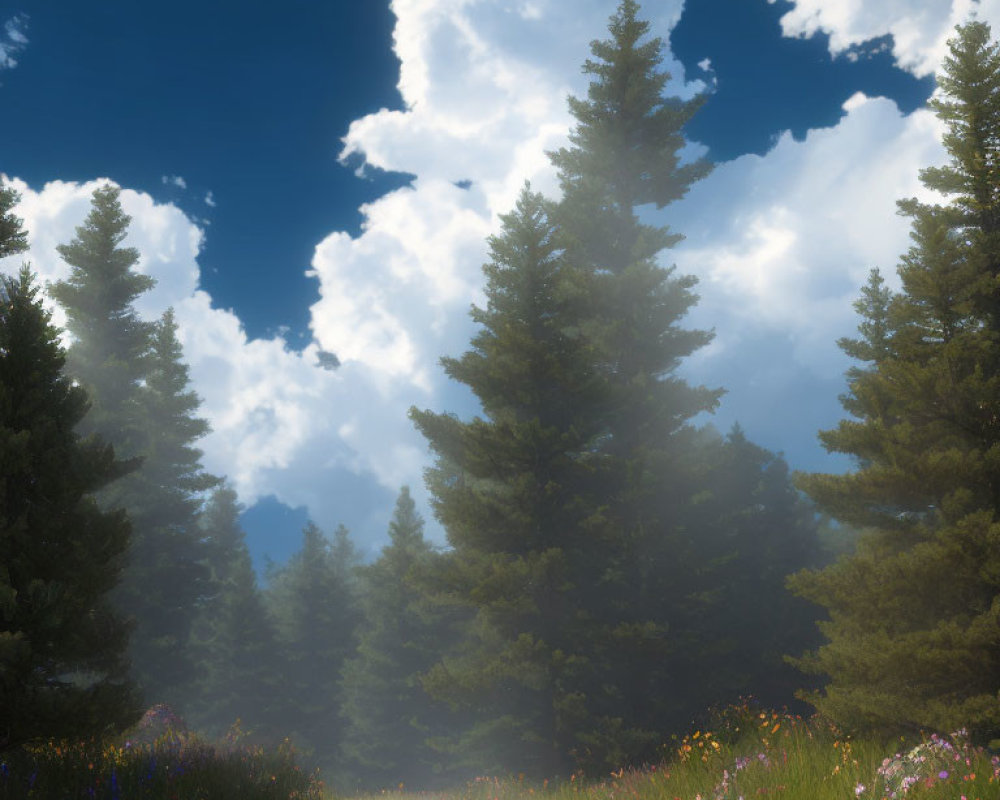 Tranquil Path with Wildflowers and Pine Trees on Sunny Day