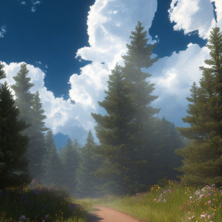 Tranquil Path with Wildflowers and Pine Trees on Sunny Day