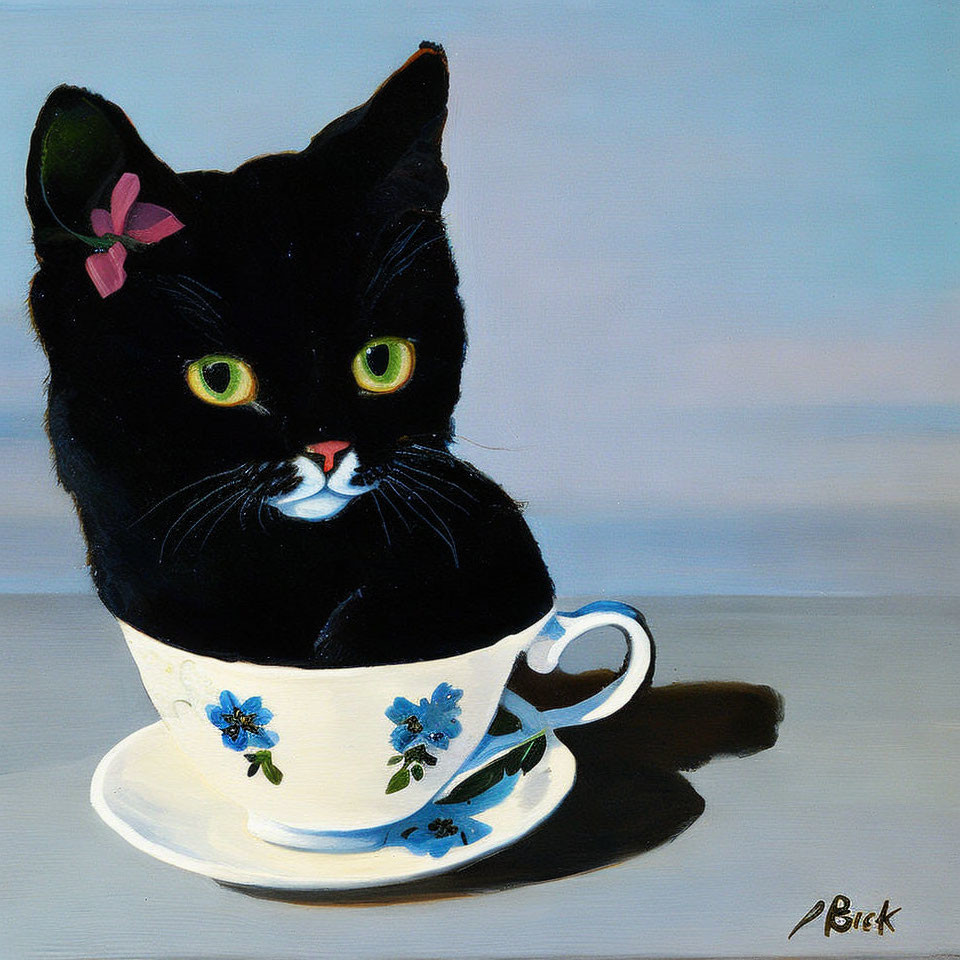 Black Cat with Pink Bow Sitting in White Teacup with Blue Flowers