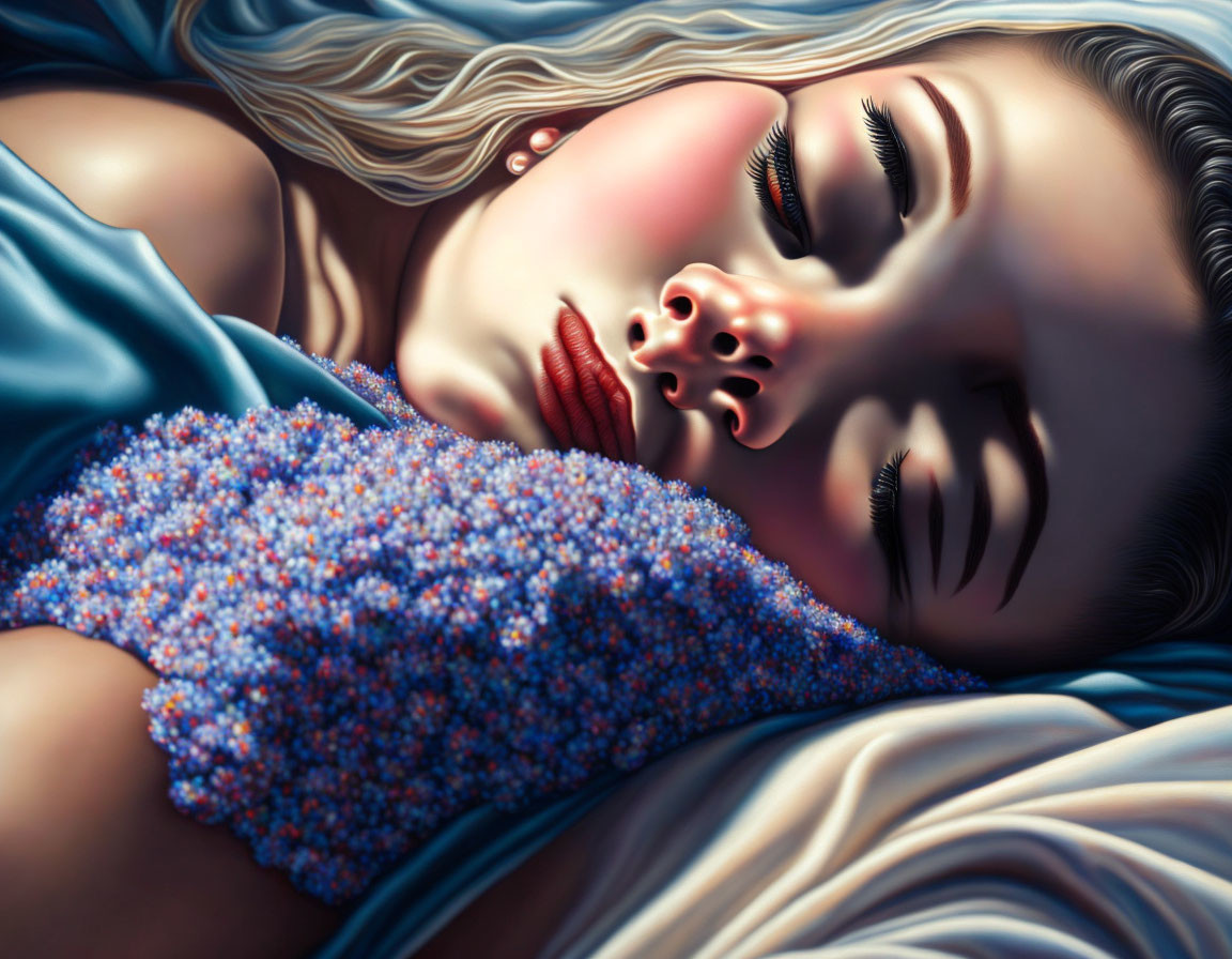 Hyper-realistic painting of woman with eyes closed under blue flower blanket