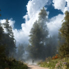 Tranquil Path with Wildflowers and Pine Trees on Sunny Day