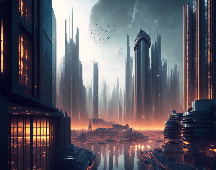 Futuristic cityscape at dusk: towering skyscrapers, glowing horizon, flying ships