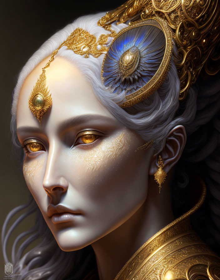 Intricate Fantasy Portrait with Pale Figure and Golden Headdress