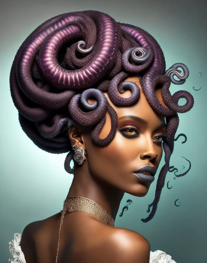 Woman with Octopus Tentacle Hair, Makeup, Jewelry on Teal Background