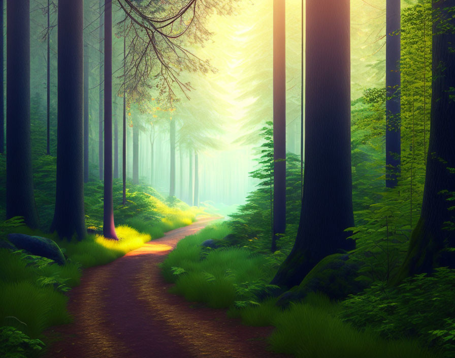 Tranquil forest path with soft sunlight and vivid greens