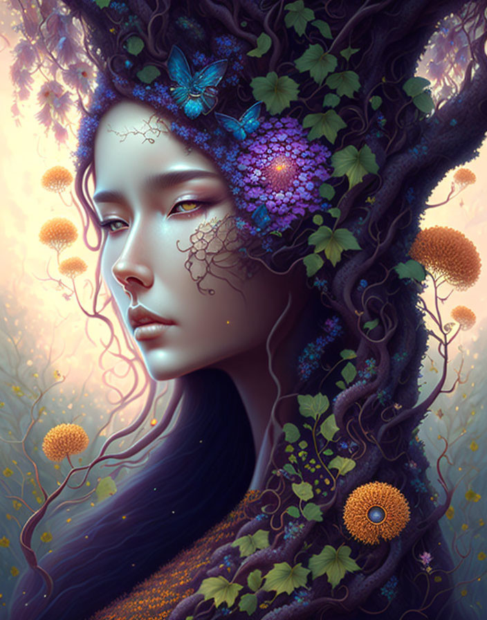 Fantasy illustration of woman with flowing hair and nature elements