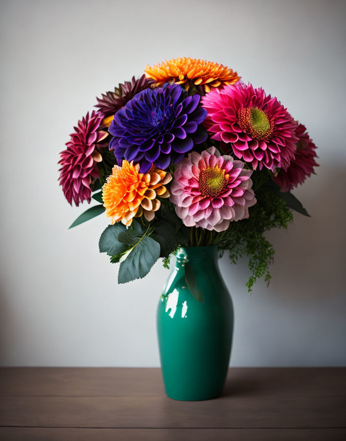 Colorful Multi-Colored Flower Bouquet in Teal Vase