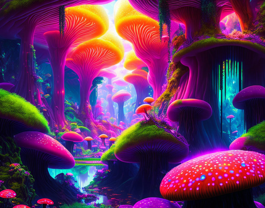 Fantasy forest with oversized, luminous mushrooms and reflective water.