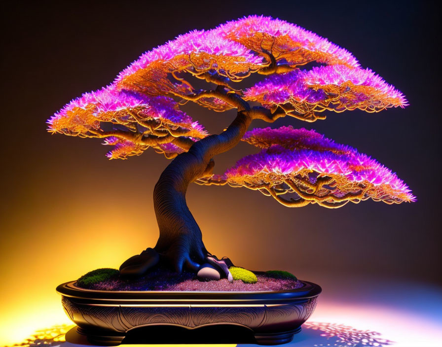 Colorful Purple Foliage Bonsai Tree on Yellow to Blue Gradient Background