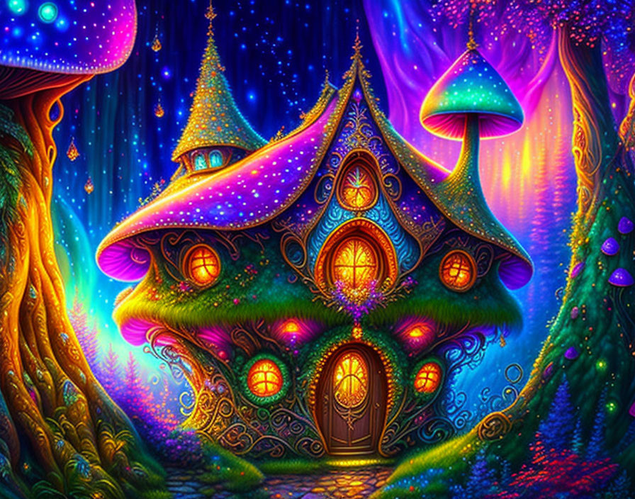 Fantasy illustration of glowing mushroom house in enchanted forest