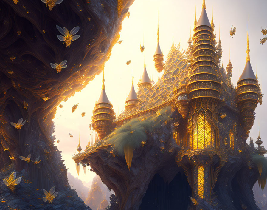 Golden palace on giant tree with spires, mist, cobwebs, and butterflies.