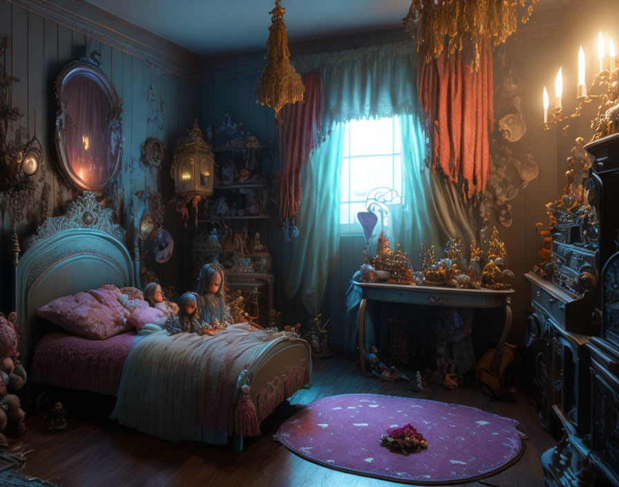 Vintage bedroom with child, antique furniture, candles, and glowing window