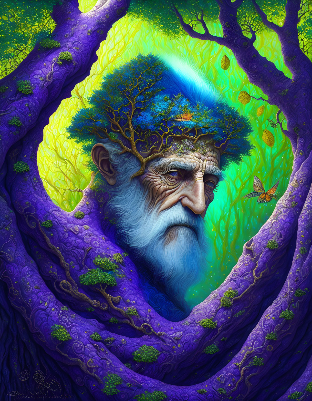 Wise tree-like being with lush green canopy hair in vibrant enchanted forest